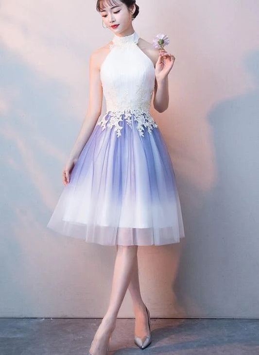 Cute Halter Tulle A-Line Knee Length Party Dress, Light Purple Homecoming Dress c3155