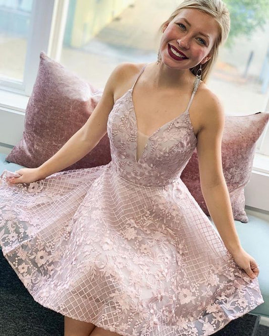 Spaghetti Light Purple Straps Beading Lace A-line Short Formal Dress Homecoming Dress c3161