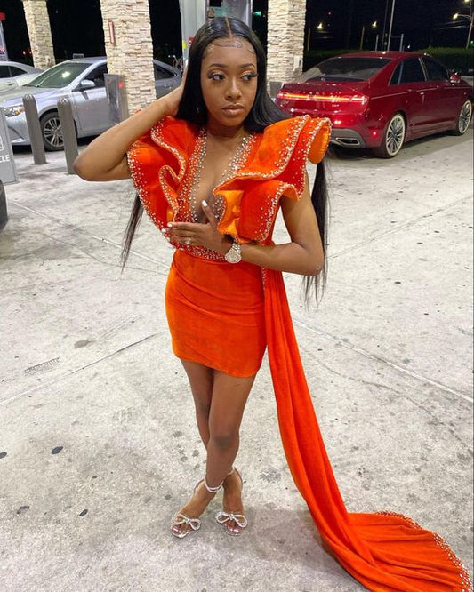 Orange Velvet Short Prom Dress Beaded Ruffle Sleeve Real Picture African Dark Skin Girl Party Dress c3167