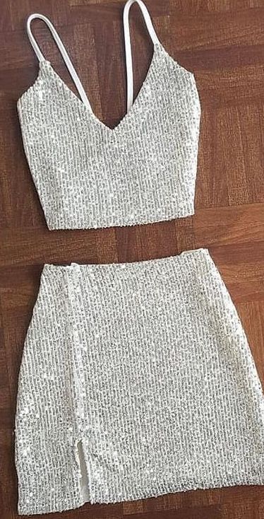 Two piece sequins party dress straps v neck homecoming dress c3179