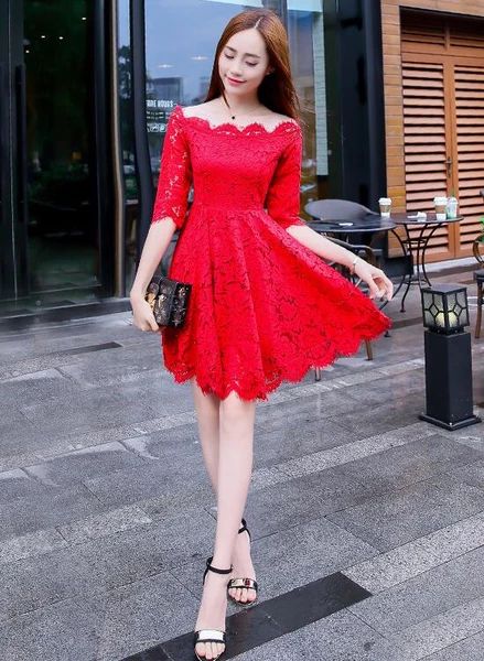 Lovely Red Lace Short Sleeves Party Dress, Chic Red Off Shoulder Homecoming Dress c3181