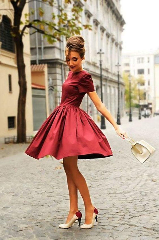 Cute A Line Short Sleeves Burgudny Homecoming Dresses c3211