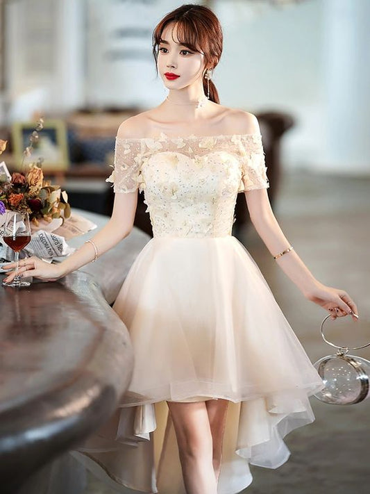 Light Champagne Tulle Short Sleeves High Low Homecoming Dress, Short Party Dress c3174