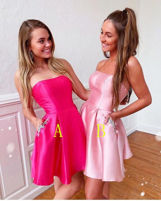 Strapless A-line Satin Cute Short Homecoming Dresses With Pockets c3233