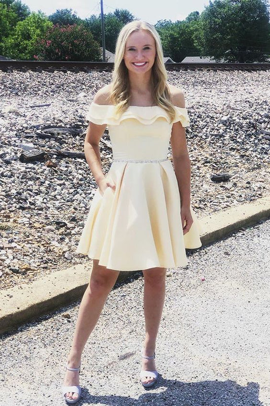 Short Off Shoulder Yellow Homecoming Dress c3226