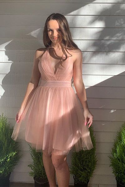 Tulle Short Pink Deep V Neck Backless Homecoming Dress c3237