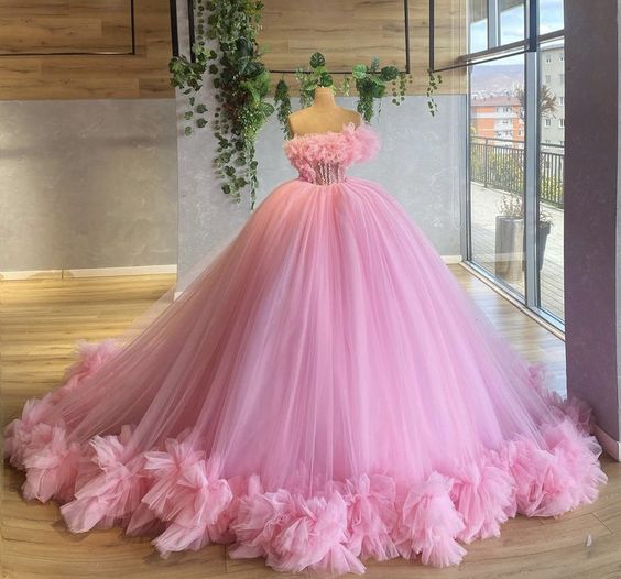 Tiered Ruffles Ball Gown Women Light Pink Tulle Party Dress Elegant Long Prom Dress Sweet 16 Dress c3152