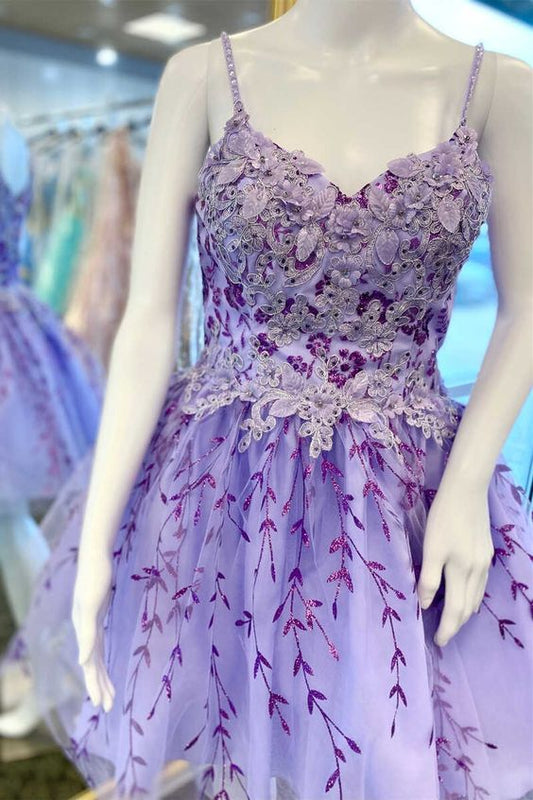 Lavender Floral Appliques A-Line Homecoming Dress c3208