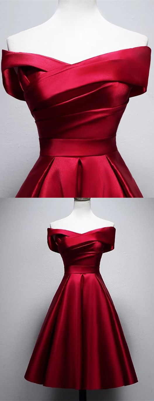 Sexy Tea Length Sweet Red Satin Homecoming Dress Off Shoulder Short Party Dress c3340