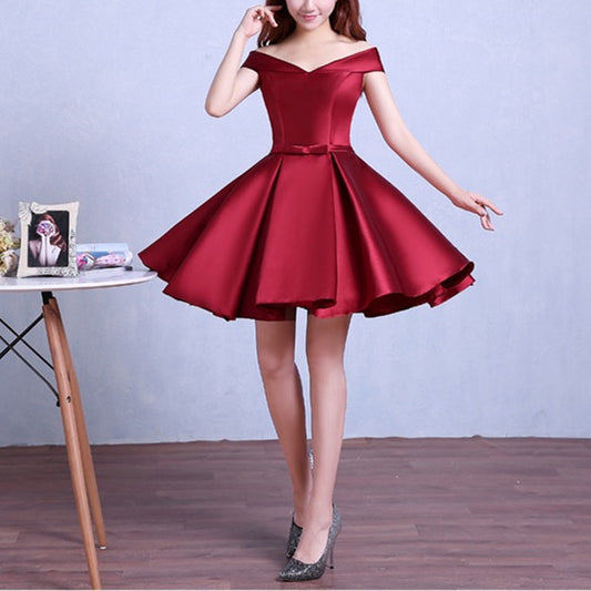 Burgundy homecoming dress,off the shoulder short cocktail dress,satin gowns c3348