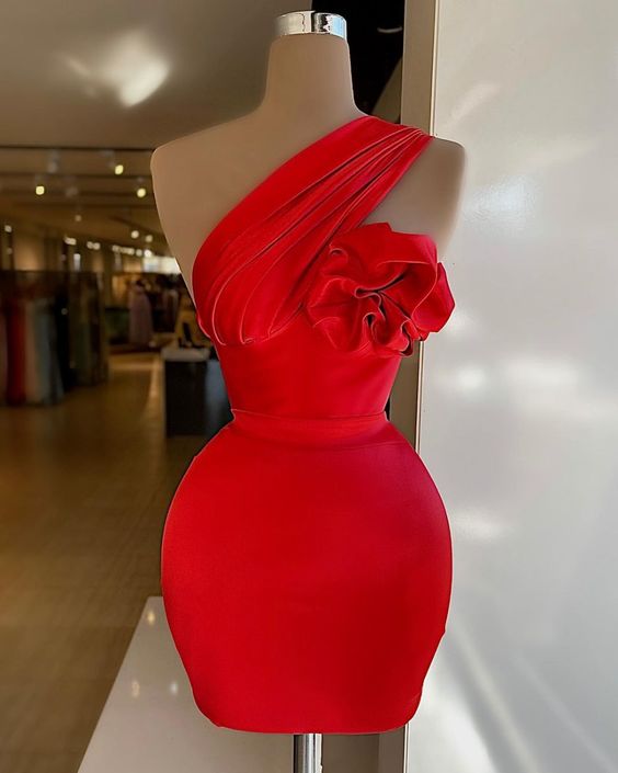 One shoulder red elastic satin homecoming dress sexy party dress c3358