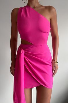 Hot pink one shoulder party dress ruches party dress  c3346