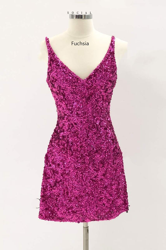 Fuchsia Sequins Tight Mini Homecoming Dress c3364