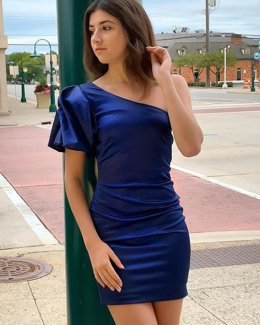 One Shoulder Navy Blue Tight Homecoming Dress with Short Sleeves c3353