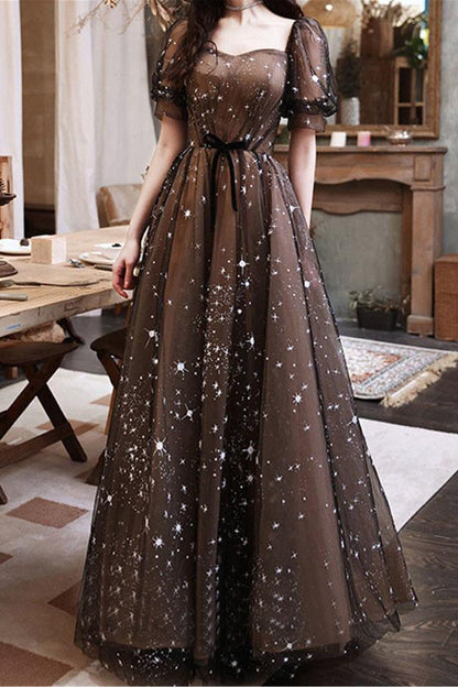 A Line Sequin Short Sleeves Prom Dresses, Tulle Floor Length Evening Dresses C2410