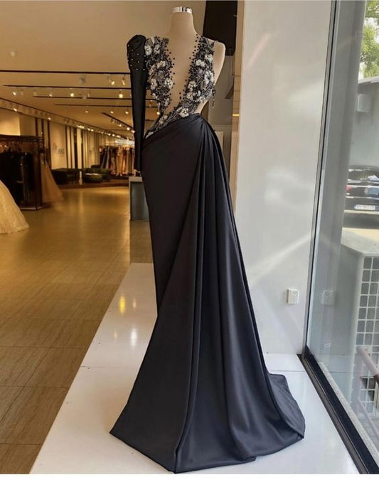 Newest prom dresses, black prom dresses, long sleeve prom dresses, hand made flowers prom dresses, black evening dresses, long sleeve evening gowns, beaded prom dresses, cheap evening gowns c2464