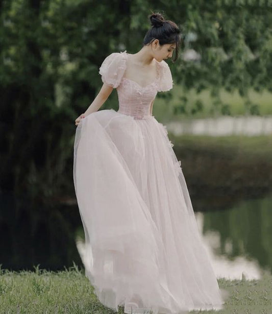 Pink tulle long A line prom dress evening dress c2519