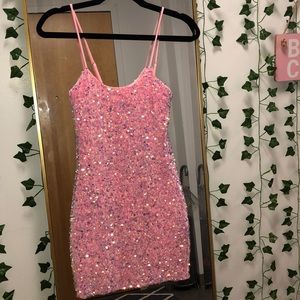 spaghetti straps pink sequins short homecoming dress features with spaghetti straps and lace up back C679
