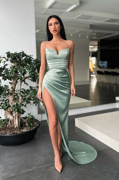 Dusty Sage Spaghetti-Straps Prom Dress Mermaid Long With Split C2390