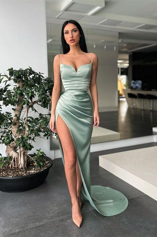 Dusty Sage Spaghetti-Straps Prom Dress Mermaid Long With Split C2390