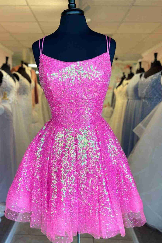 Cute Sequins A-Line Homecoming Dress Lace-up Shiny Party Dress c2461