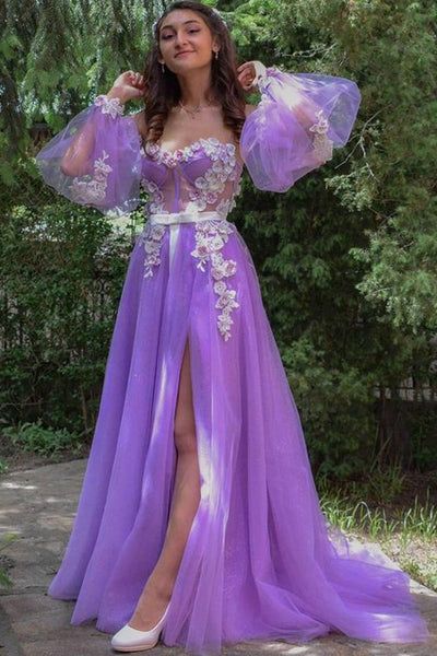 Lilac A line Long Sleeves Spaghetti Straps Prom Dresses with Side Slit, Appliques Dance Dress C2373