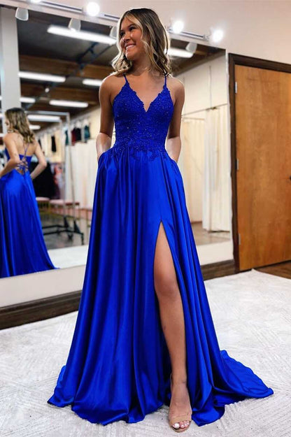 Royal Blue Lace Lace-Up Long Prom Dress C2401