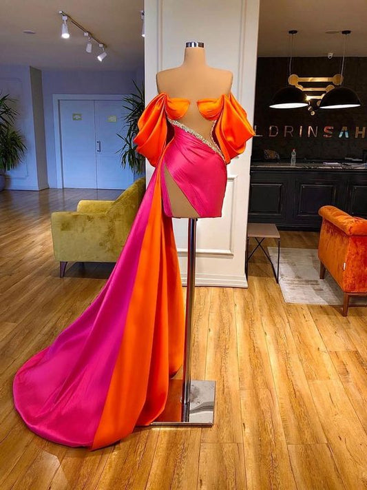 mermaid prom dresses short off the shoulder beaded elegant simple satin formal prom gown C2392