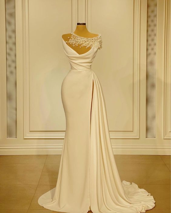 Wedding dress for woman off white Prom Dress Evening Dress Retro Simple Evening Dress Pearl Wedding Dress c2463