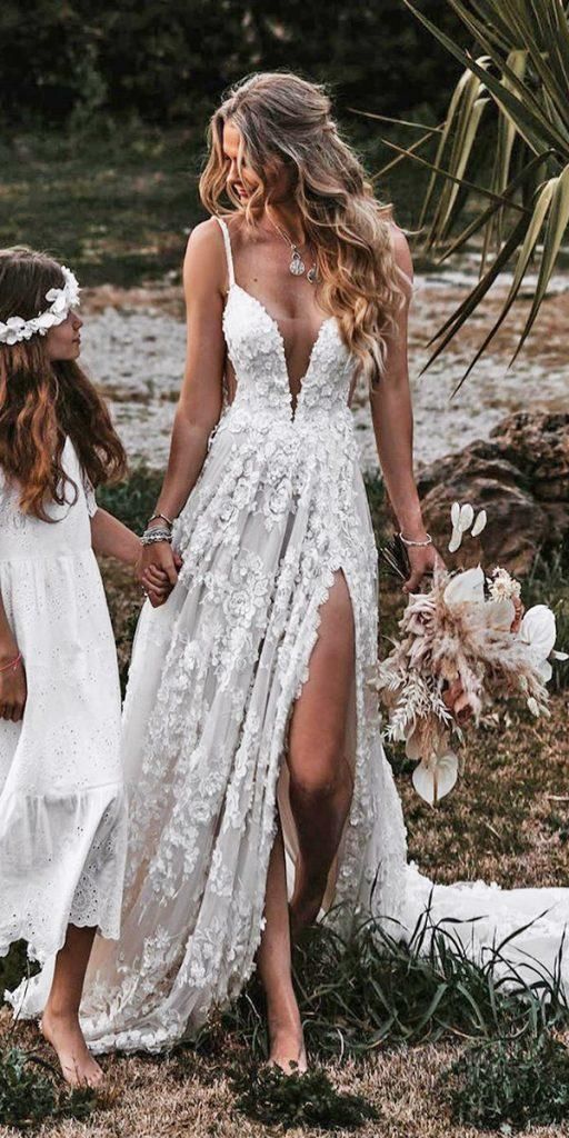 A-line V Neck Lace Prom Dress With Split C2423