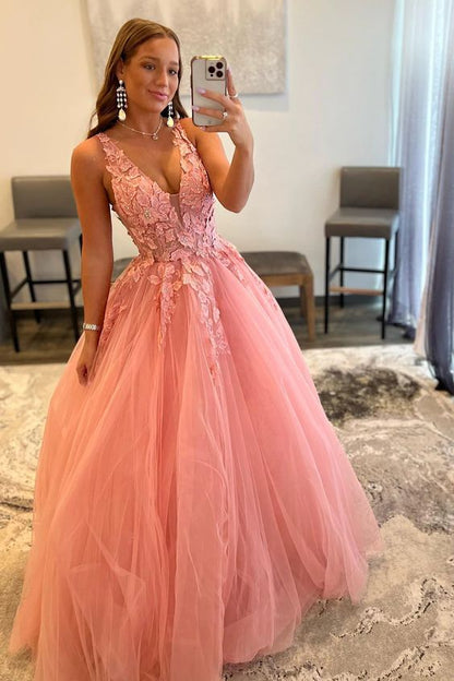 Princess A Line Deep V Neck Blush Long Prom Dress with Appliques c2484