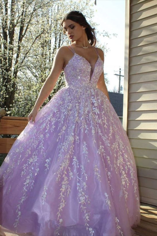 Elegant Straps Lace Appliques Lavender Prom Dress C2441