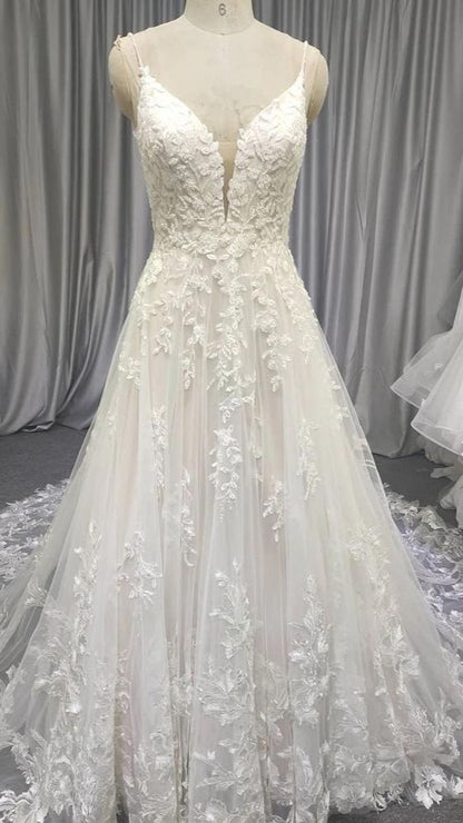 Spaghetti Long Lace Prom Dresses, Romantic Wedding Dresses A-line Wedding Dresses C2424