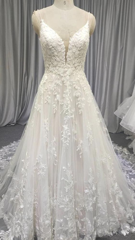 Spaghetti Long Lace Prom Dresses, Romantic Wedding Dresses A-line Wedding Dresses C2424