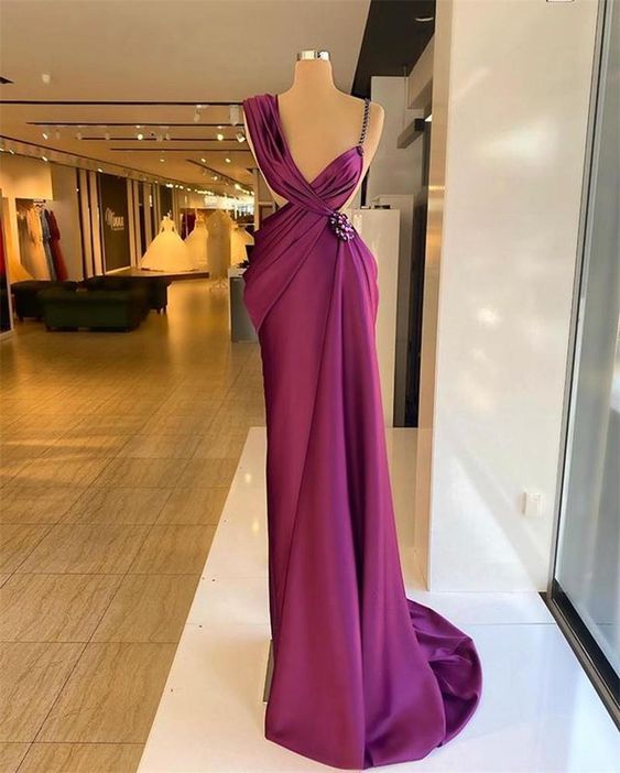 Purple Prom Dresses Beaded Crystals Ruched Pleats Satin Spaghetti Straps Formal Evening Gown c2470