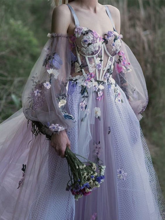 Elegant Dusty Lavender Floral Spaghetti Strap Sweetheart A-line Tulle Long Prom Dress  C2370