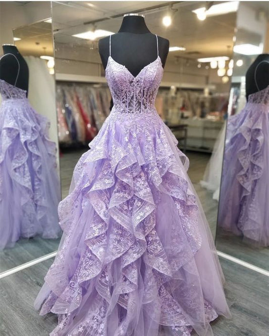 Spaghetti Staps Lilac Prom Dresses Evening Gowns with Sheer Bodice C2440