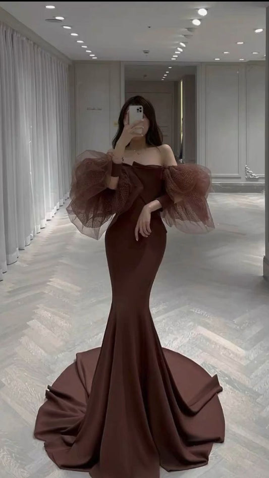 Simple Mermaid Prom Dress Strapless Evening Dress Tulle Sleeves C2452