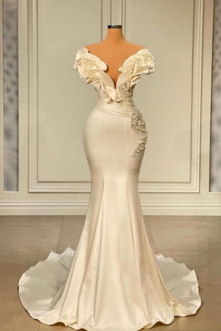 White Long Pearl Ruffle Evening Dresses C2416