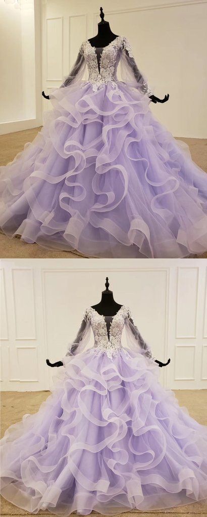 Lavender Prom Dress Long Sleeves Tulle Ruffles Beaded Lace Women Evening Gown C2406