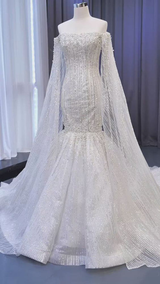 Cape Sleeve Heavy Beaded Wedding Dresses Off the Shoulder Mermaid Prom Dress C2414