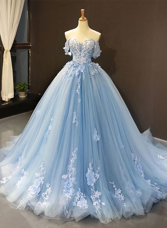 Blue off shoulder tulle lace long prom gown, blue evening dress C51