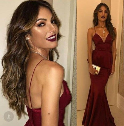 Spaghetti Straps V Neck Long Sexy Sheath Evening Dress,Sexy Sheath Long Burgundy Spaghetti Straps Prom Dress C412