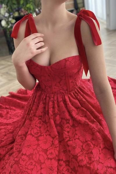 A Line Red Lace Tea Length Prom Dresses with Pocket, Red Lace Formal Evening Dresses  C897
