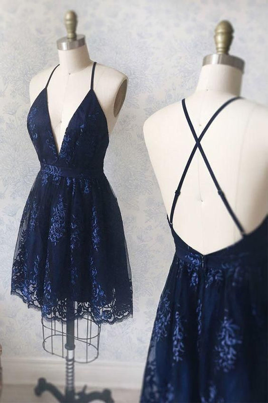 Navy Blue Homecoming Dress with Appliques, Vintage Party Dresses  C1144