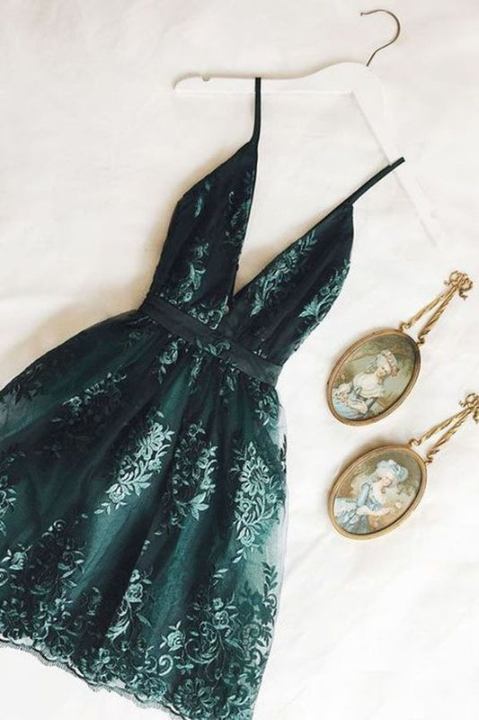 Spaghetti Straps Dark Green Hoco Party Dress,Lace V neck Homecoming Dresses C662