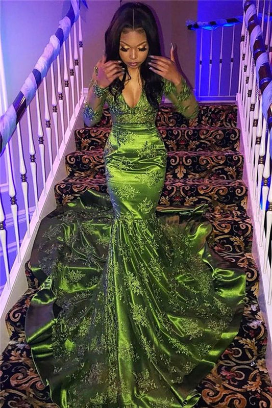 Long Sleeve Lace Green Prom Dresses for Juniors | Sexy V-neck Mermaid Evening Gowns  C1511