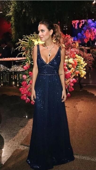 Stunning A-Line Spaghetti Straps Deep V Neck Backless prom dress  C287