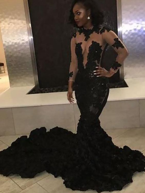 Court Train Mermaid Tulle Black Prom Dresses  C821