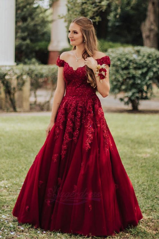 Red long prom dress with off the shoulder neckline  C960